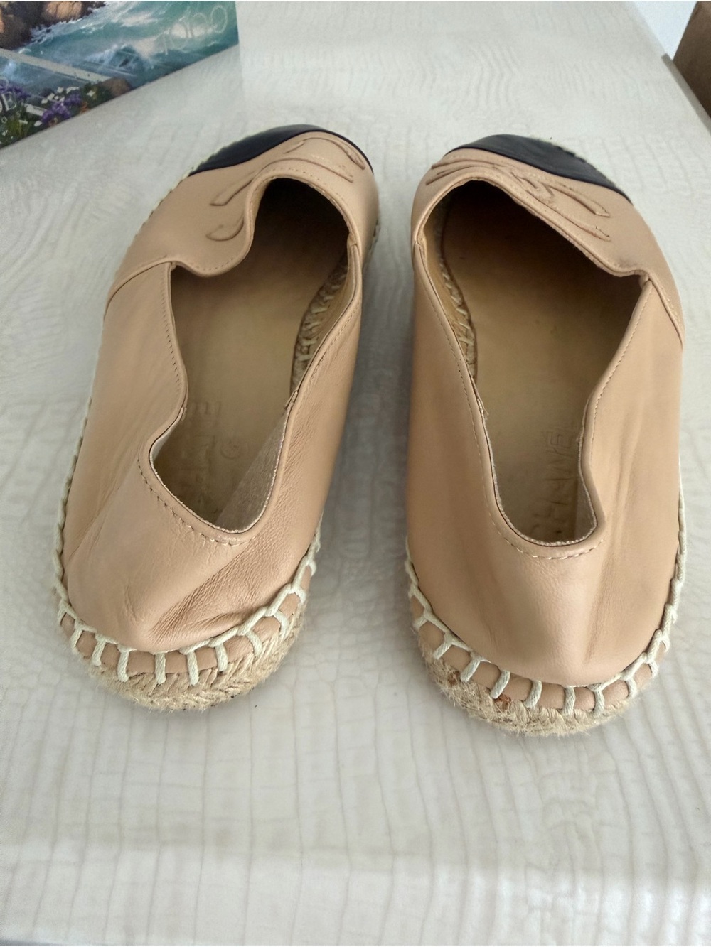 Source Unknown Beige Leather Espadrilles with Black Cap Toe - Picture 3 of 5